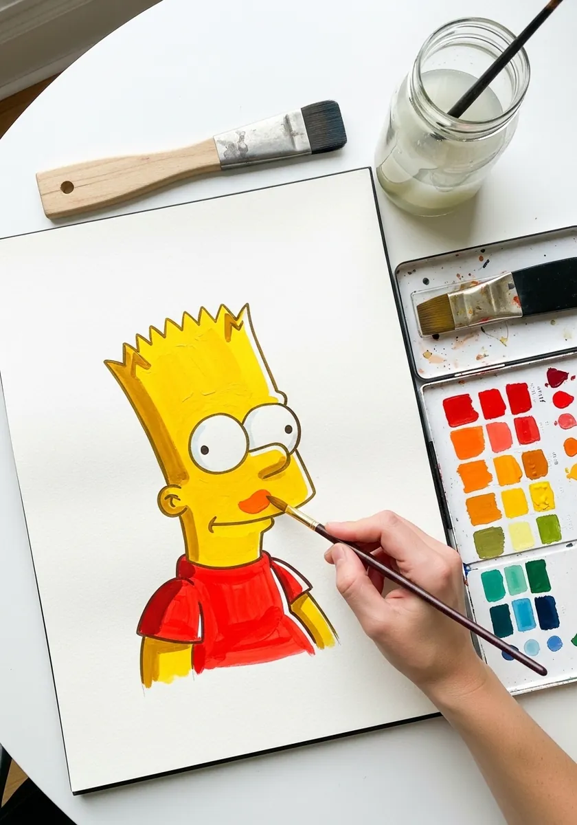 Bart Simpson painted in flat red and yellow gouache from the chest up