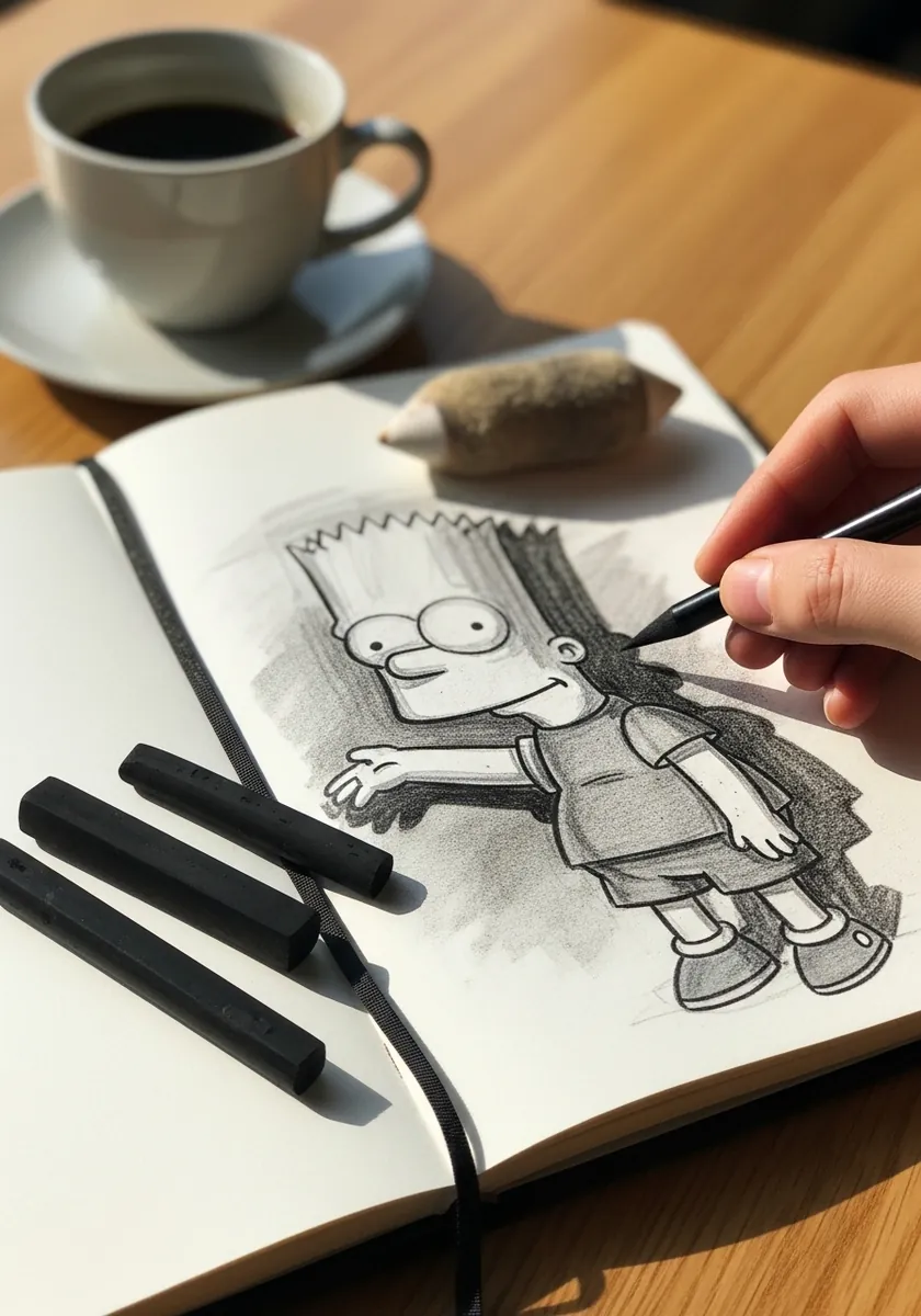 Loose charcoal sketch of Bart Simpson in a sketchbook beside a coffee cup