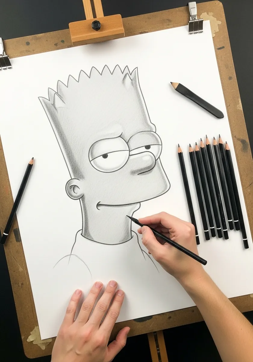 Large detailed graphite drawing of Bart Simpson's head with heavy lidded eyes