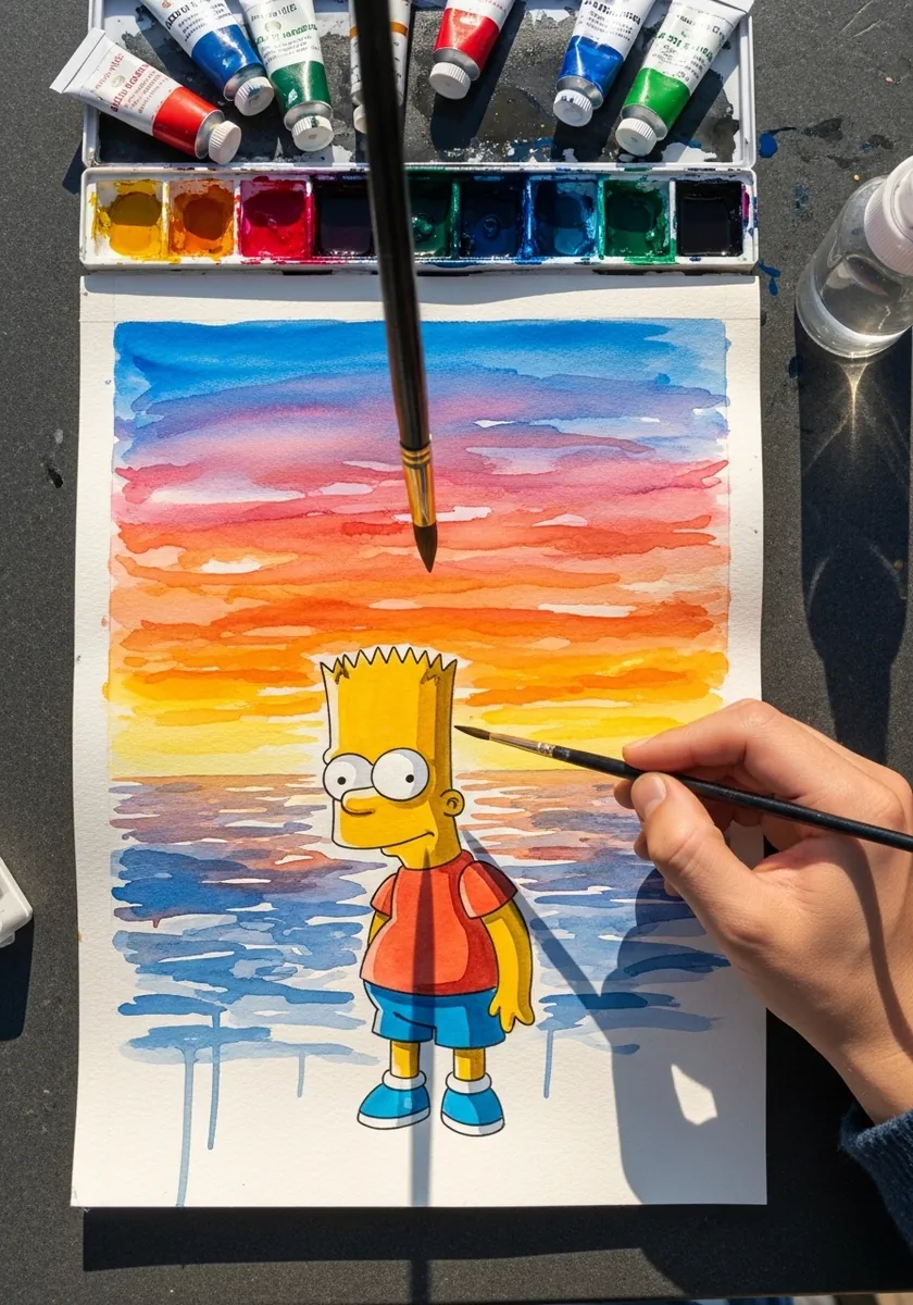 Watercolor Bart Simpson standing against an orange and blue sunset sky