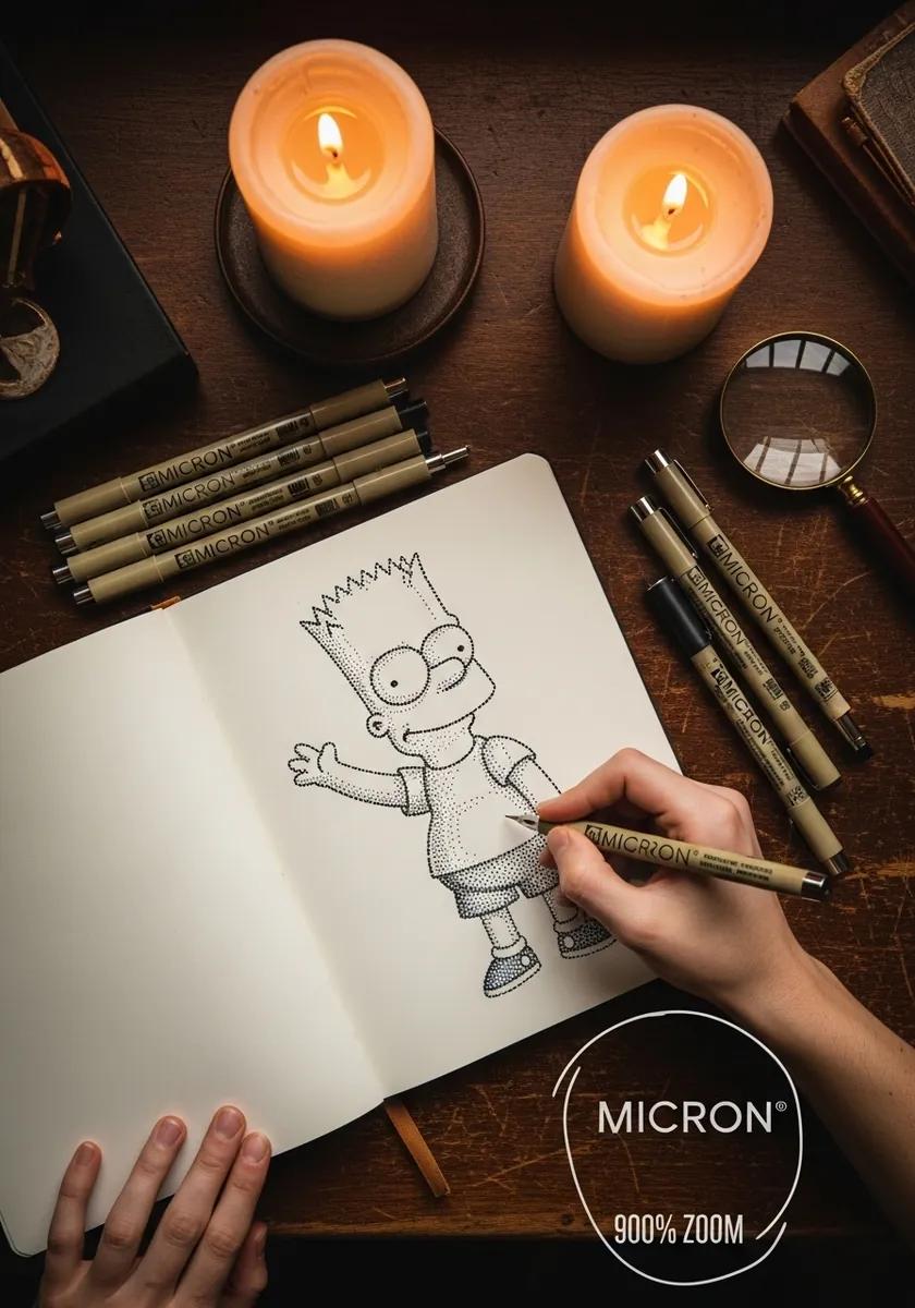 Bart Simpson drawn entirely in fine stipple dots by candlelight in a notebook
