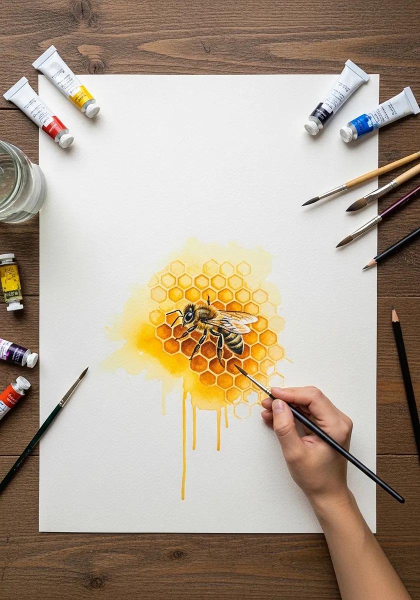 Watercolor honeycomb in yellow with a detailed bee and honey drips below