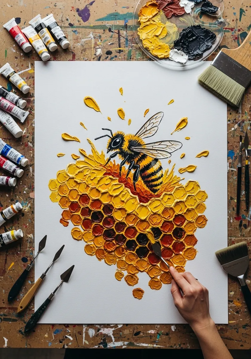 Thick yellow and amber impasto honeycomb painted with a knife with a bee on top