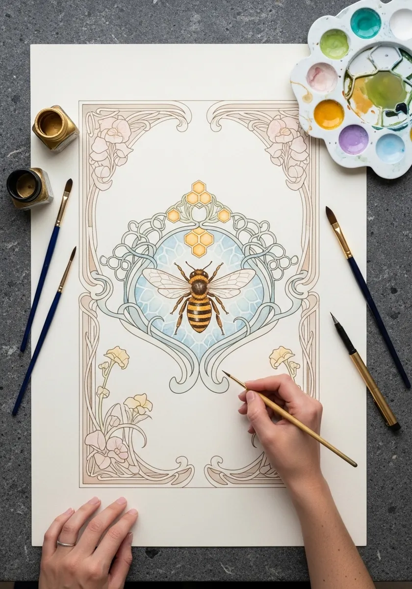 Delicate art nouveau bee panel with flowing border and pale blue center