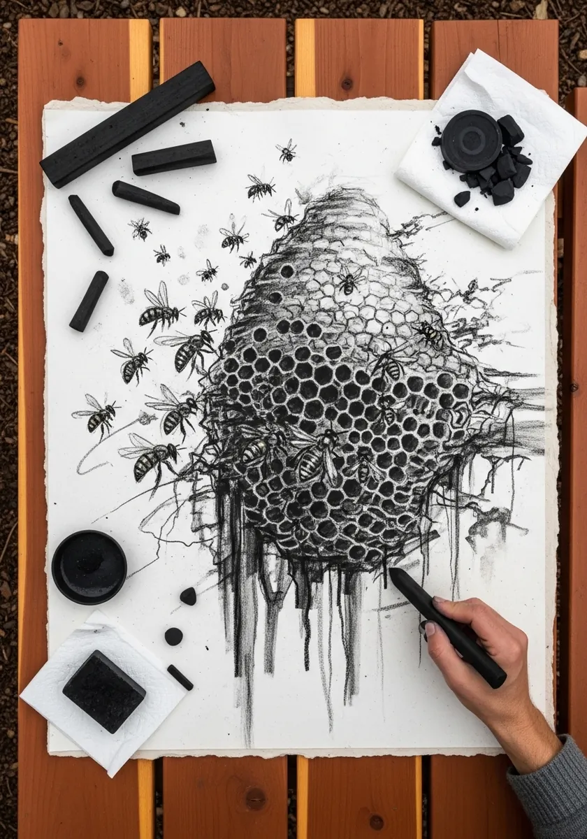 Charcoal drawing of a wild hanging hive with many bees swarming around it