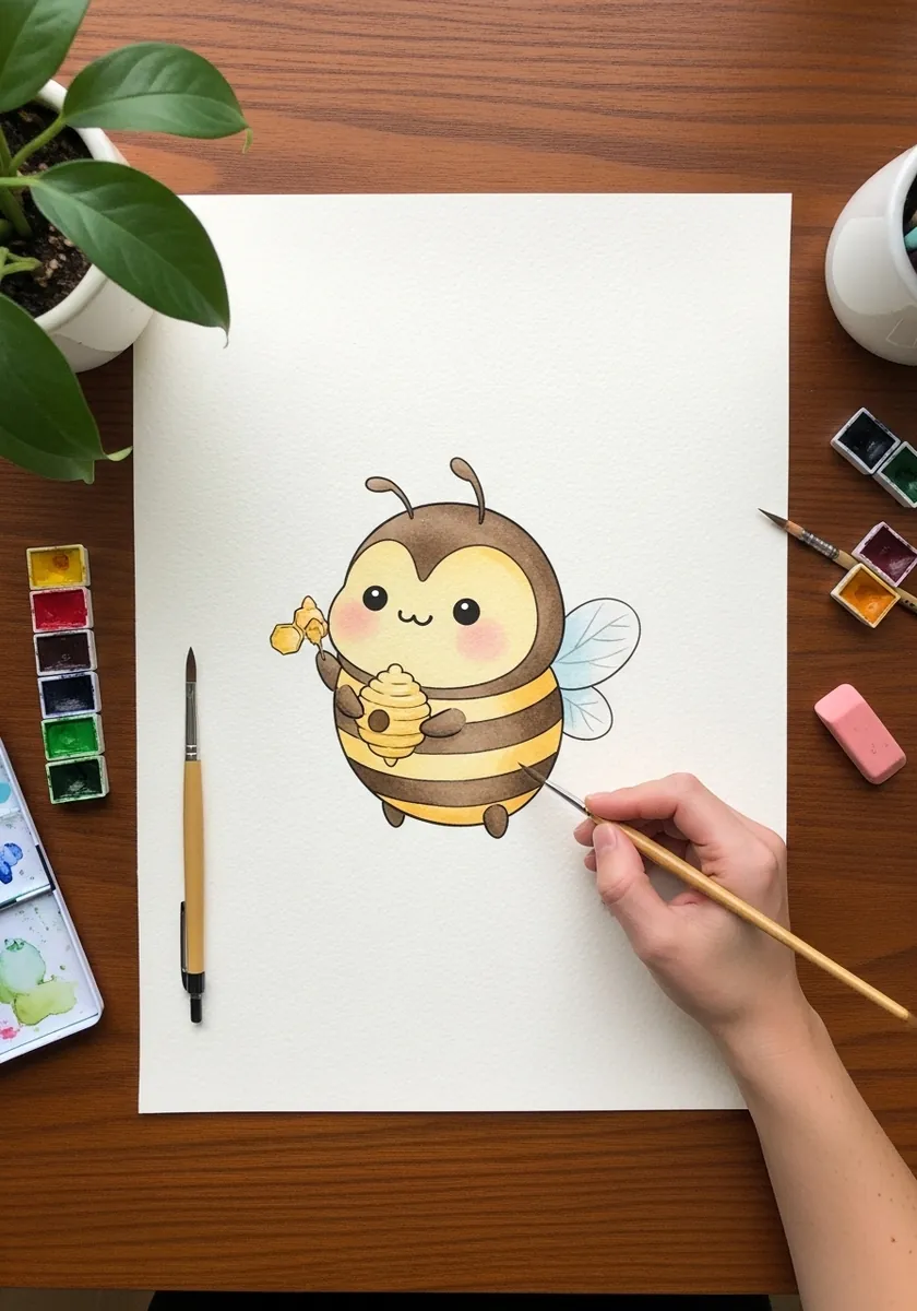 Cute round cartoon bee holding a honey dipper drawn in soft brown and yellow