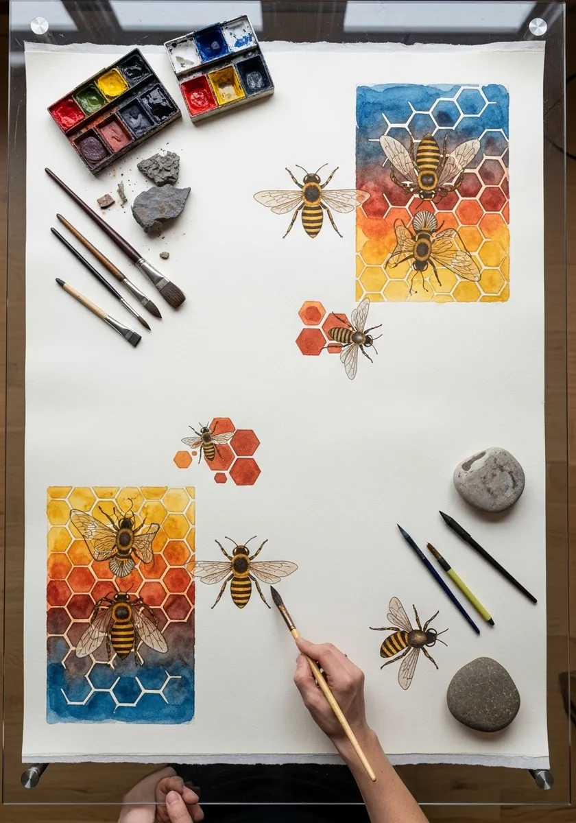 Study sheet of several detailed bees over orange and blue honeycomb blocks