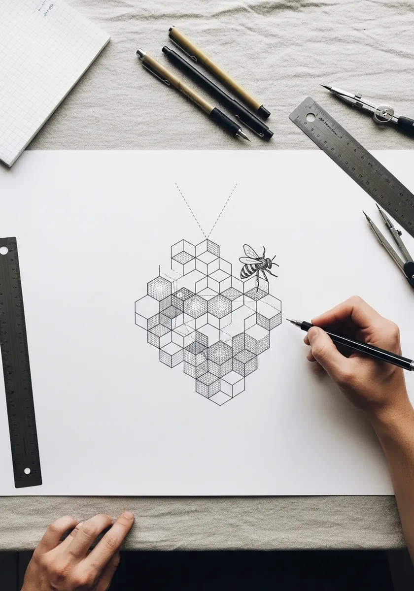 Minimal isometric drawing of stacked cubes forming a comb with one small bee