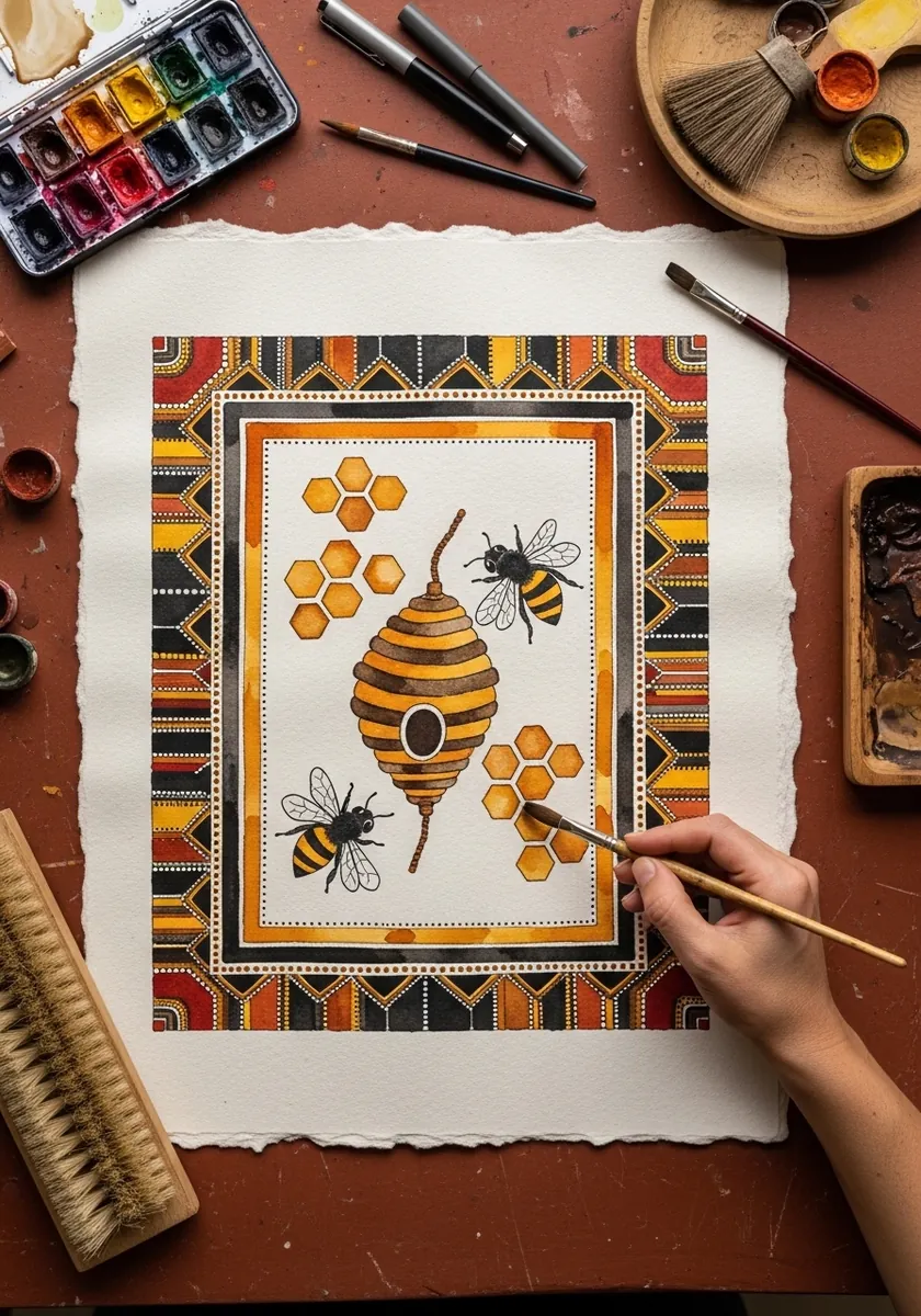 Folk art hive and bees in ochre and black inside a patterned geometric border