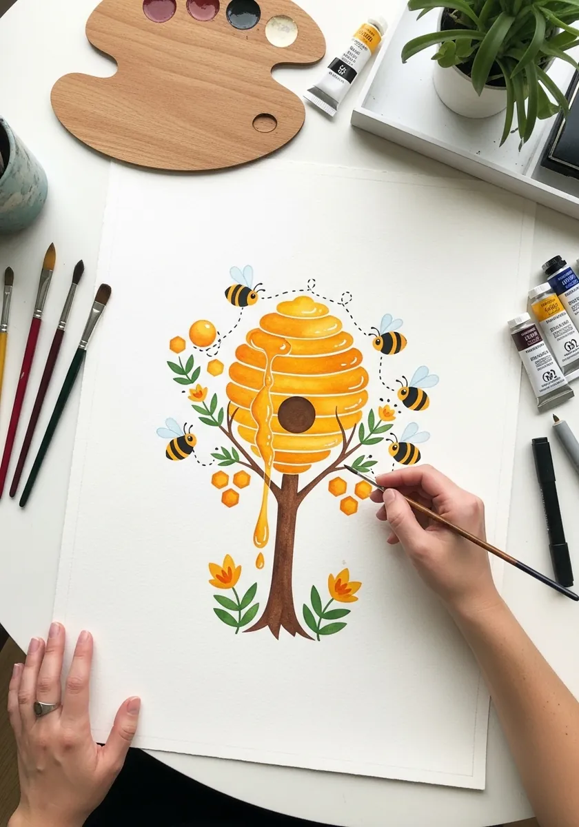 Illustrated tree with a golden hive hanging from it surrounded by bees and flowers