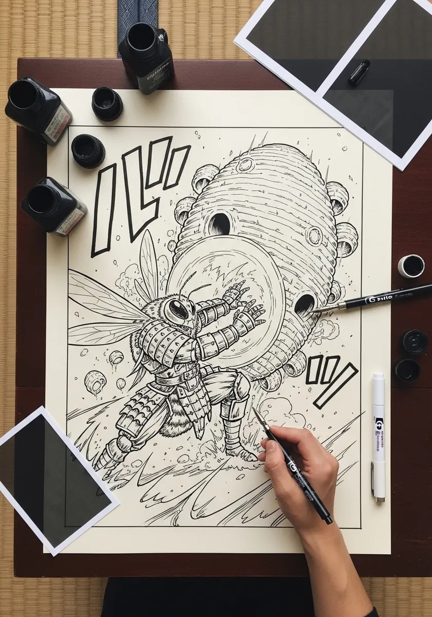 Ink manga style armoured bee character beside a large hive with speed lines