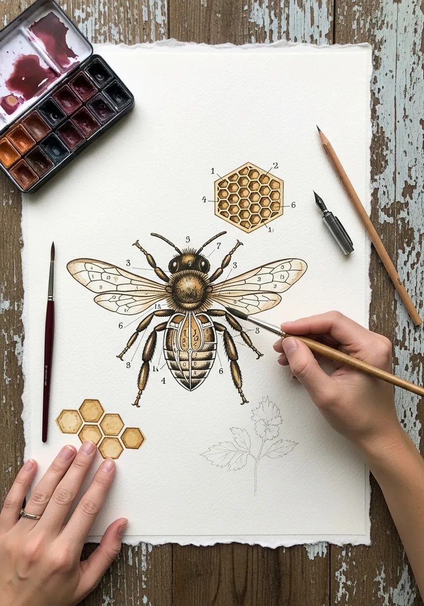Golden anatomical bee diagram with numbered parts and honeycomb reference