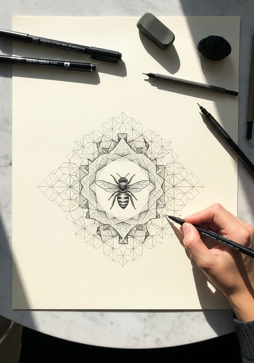 Fine line bee at the center of a symmetrical geometric mandala on cream paper