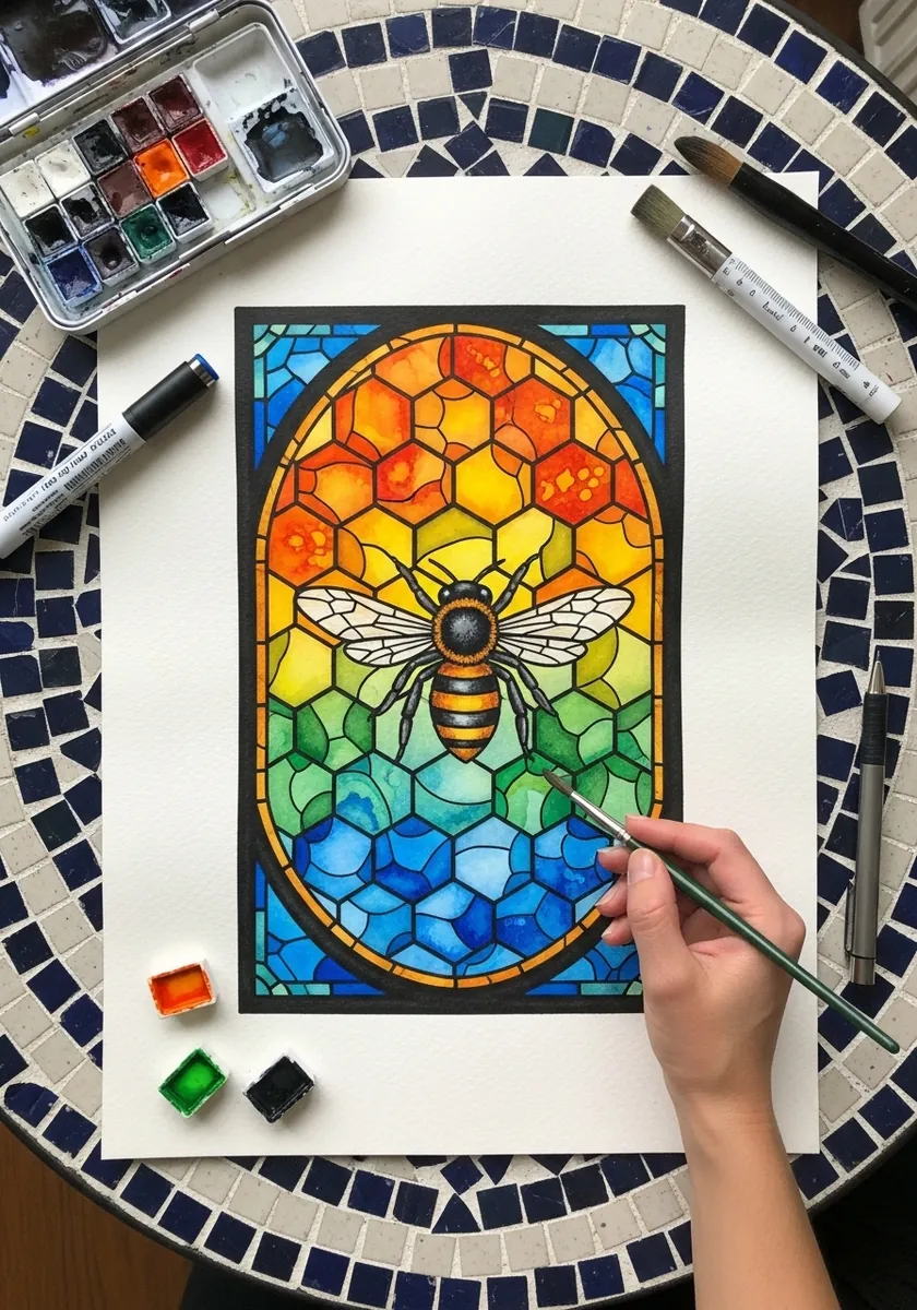 Stained glass style bee in a hexagon window with bright coloured glass panels