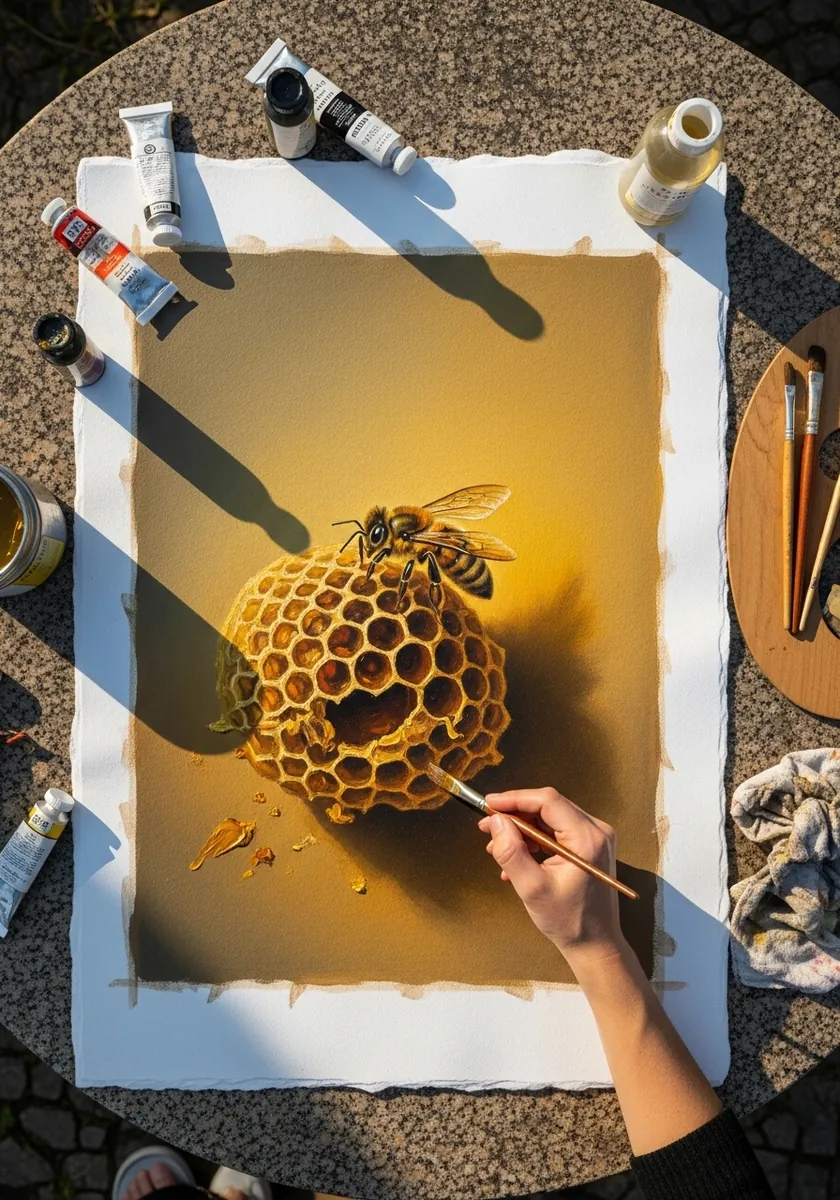 Golden honeycomb ball lit warmly from one side with a bee and deep shadow