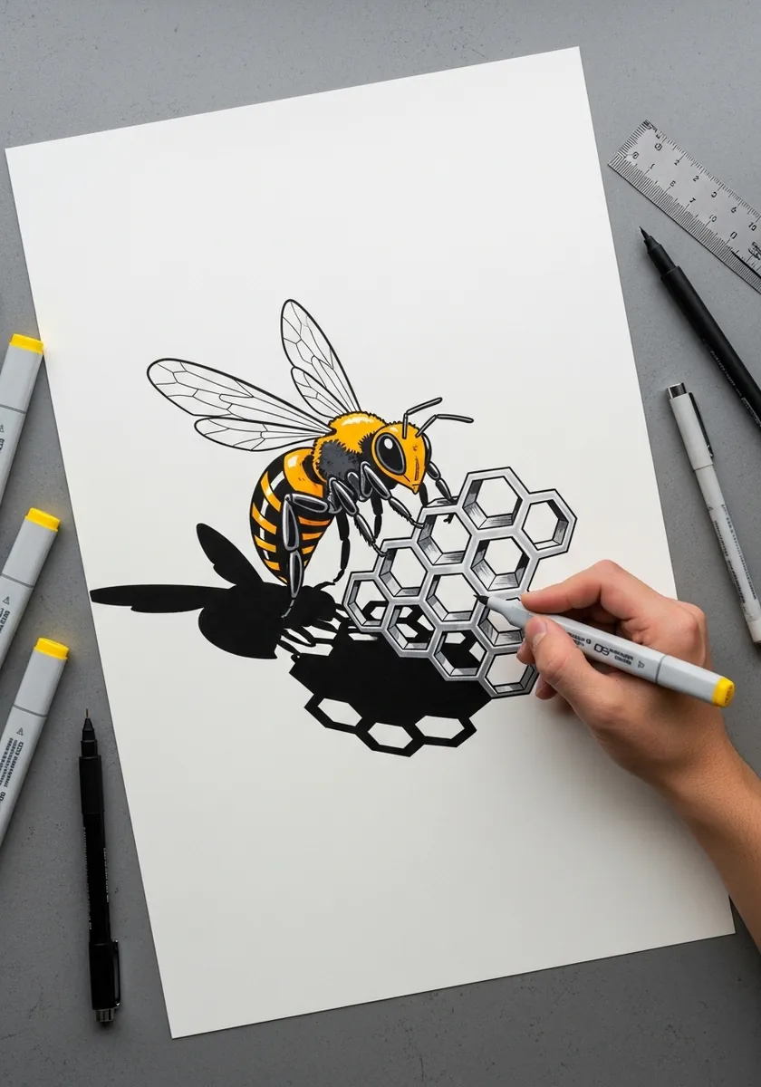Bold marker bee beside outlined hexagons with a solid black cast shadow