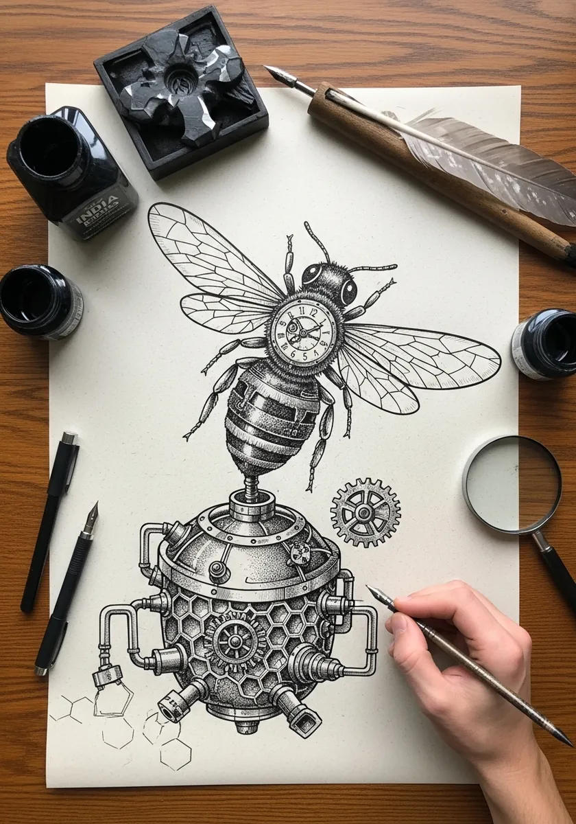 Fine ink steampunk bee with clockwork body gears and pipework beneath