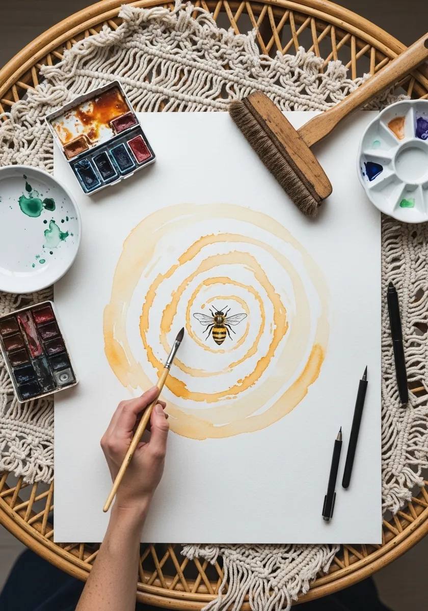 Soft yellow watercolor spiral with a single small detailed bee at its center