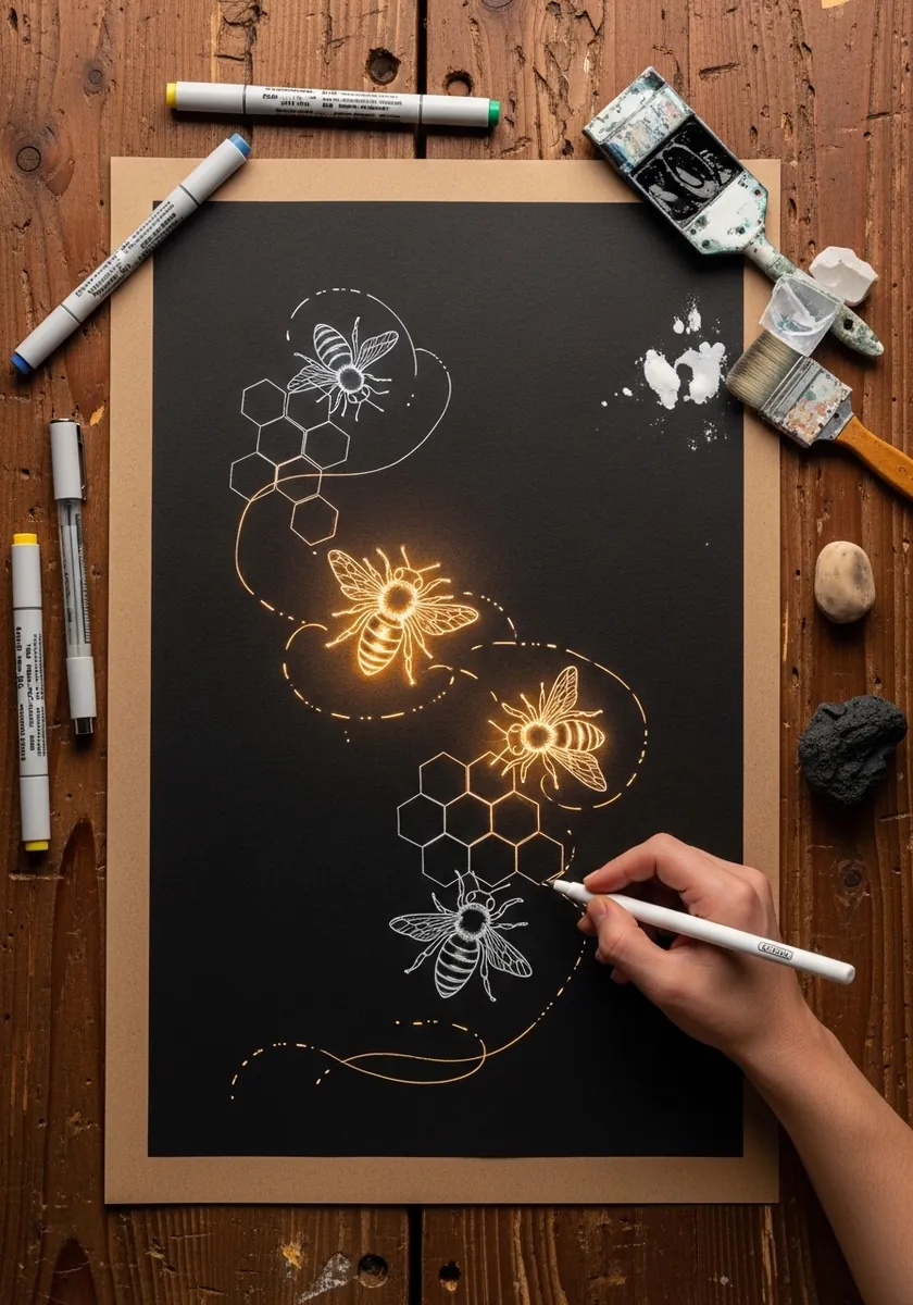 Metallic gold and white bees with honeycomb drawn on black paper