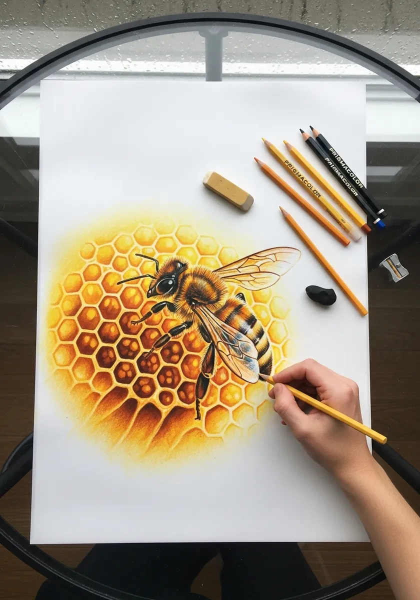 Colored pencil bee resting on a glowing golden honeycomb disc