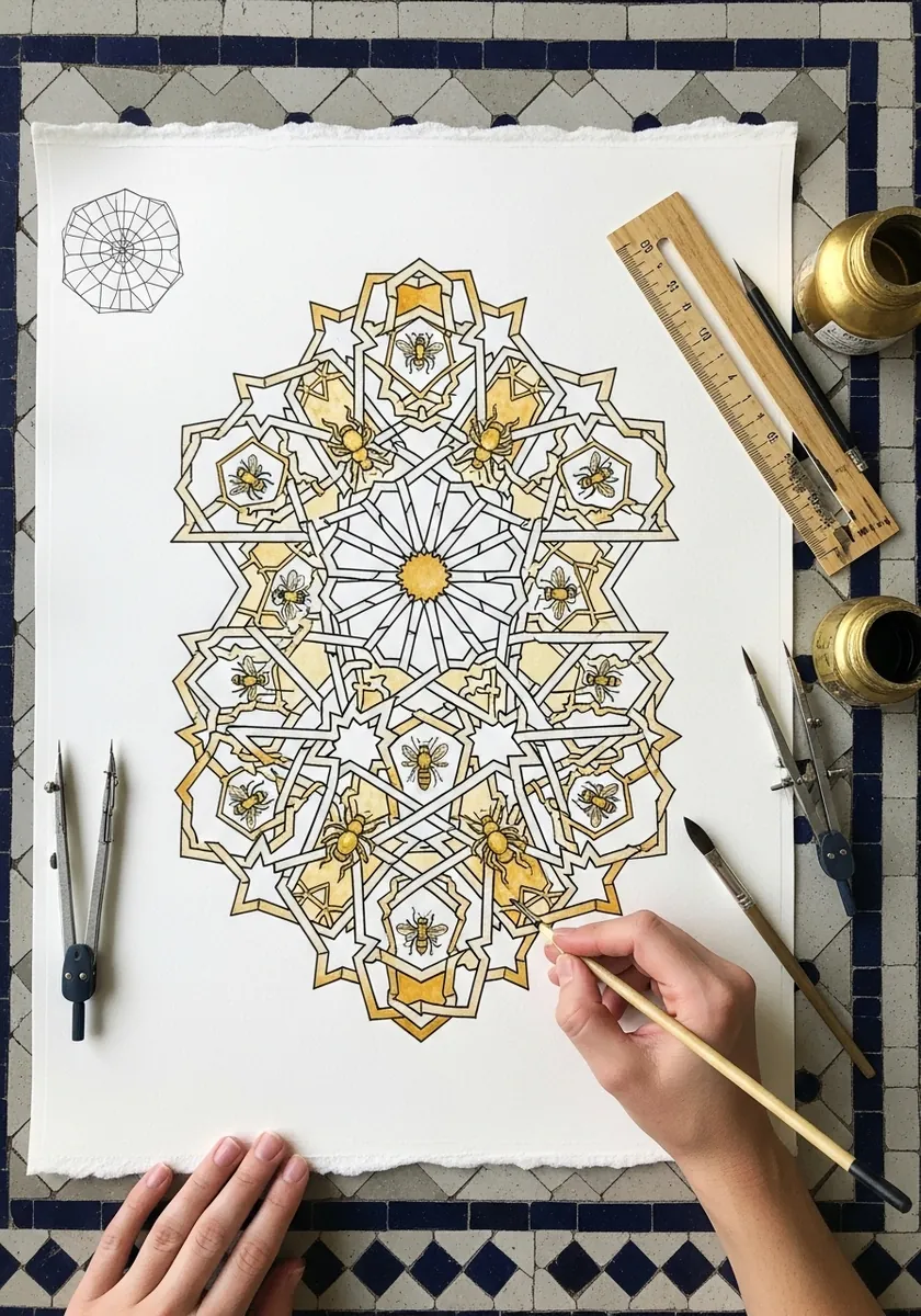 Gold and white Islamic style geometric rosette with small bees in the panels