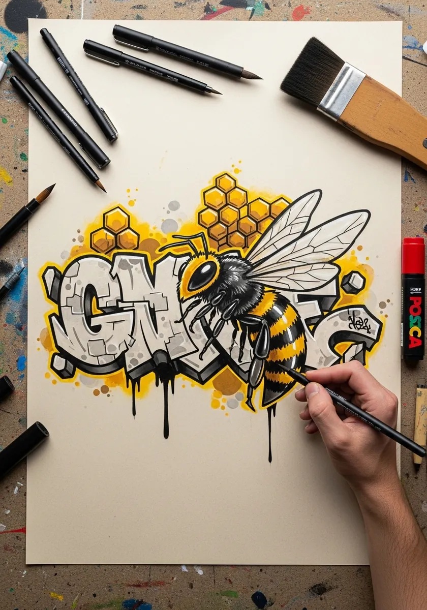 Graffiti style bee with yellow honeycomb and bold marker lettering behind