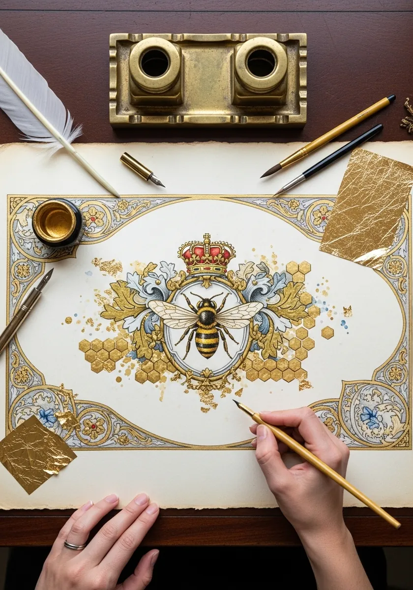 Ornate heraldic bee with a crown and gold leaf on a decorated manuscript panel
