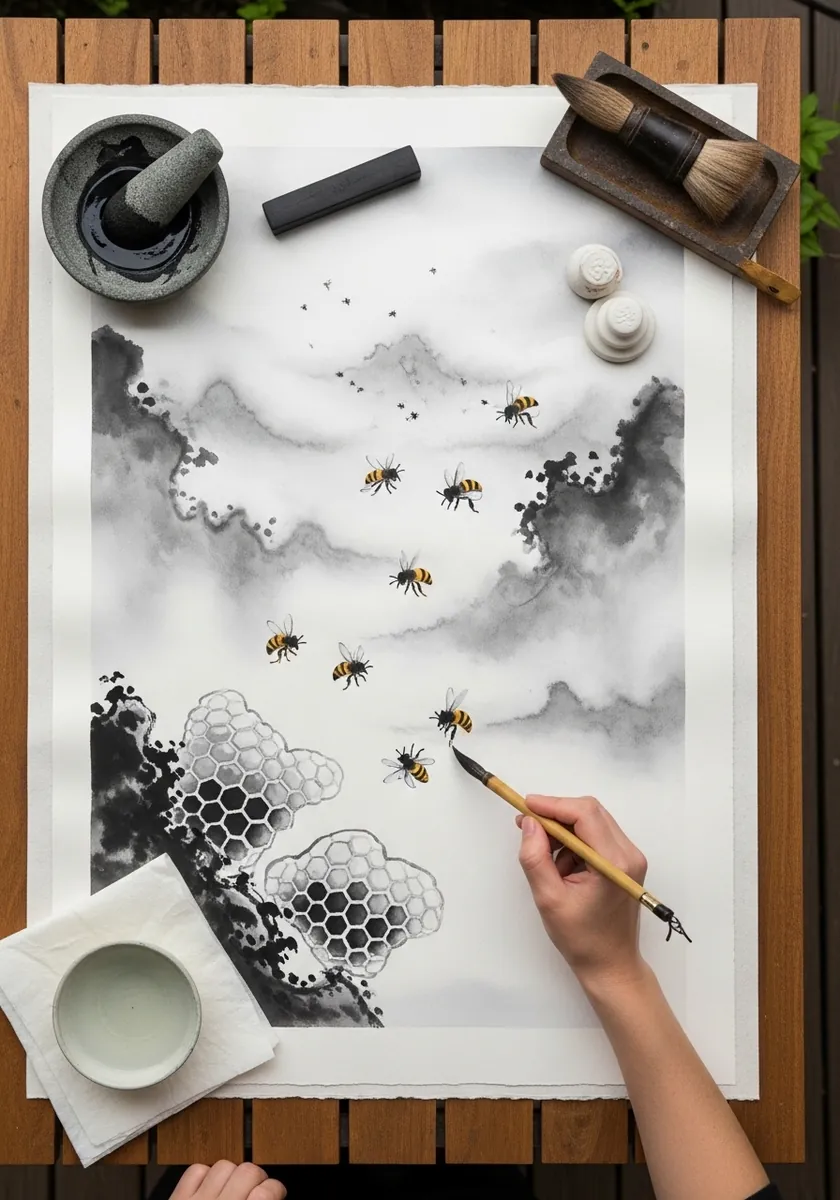 East Asian ink wash landscape with mist honeycomb forms and small flying bees
