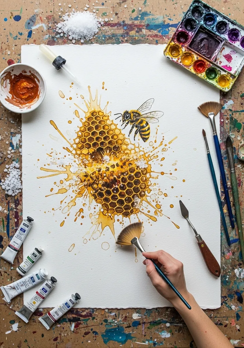 Bright watercolor honeycomb with heavy yellow splashes and a bee in flight