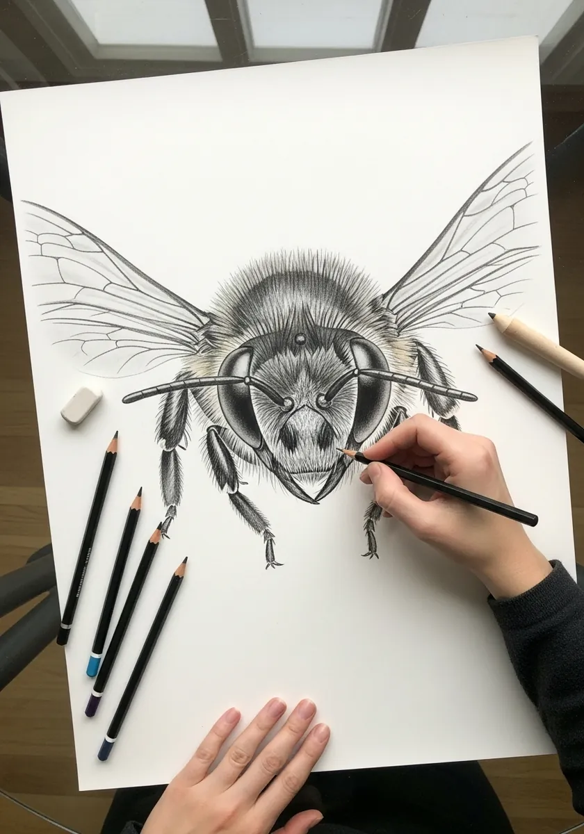 Large detailed graphite study of a bee's head with compound eyes and antennae
