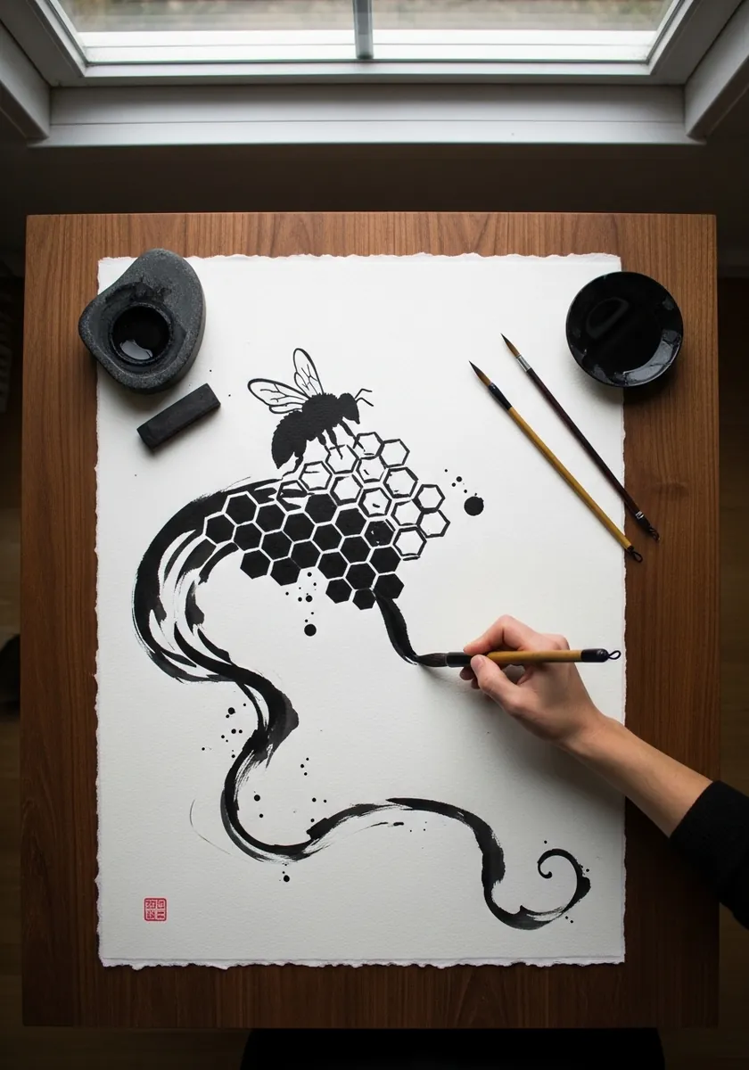 Black brush ink bee above a honeycomb shape trailing into a flowing ribbon