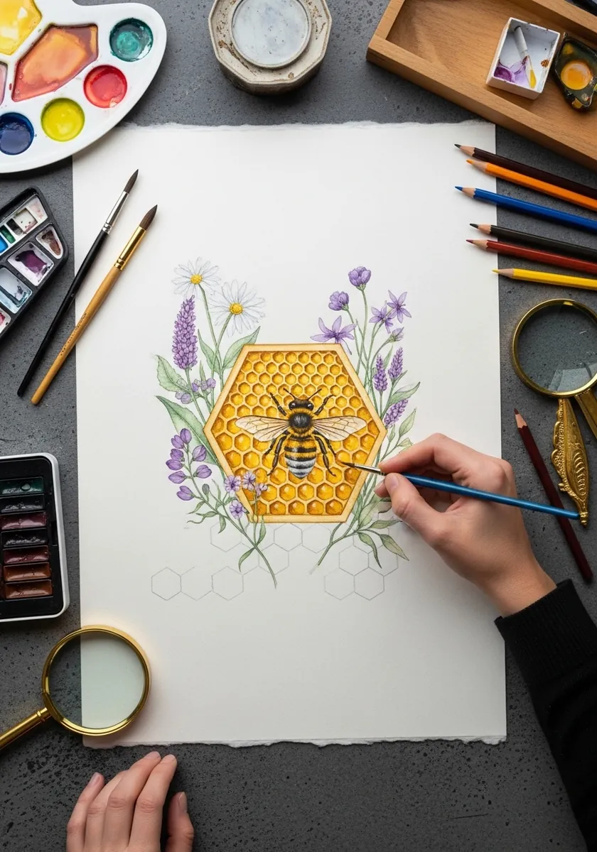 Watercolor hexagon panel of honeycomb framed by purple and white wildflowers