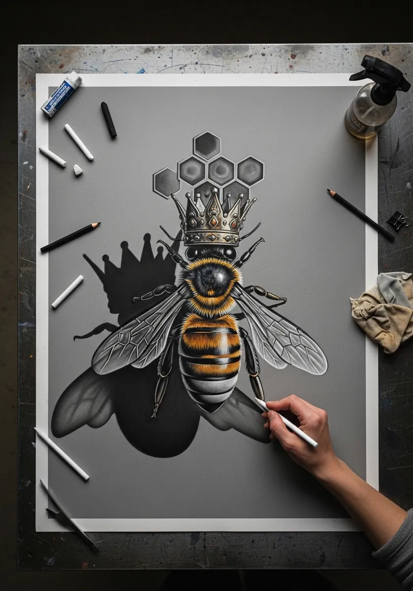 Queen bee wearing a small crown drawn on gray paper with white and gold