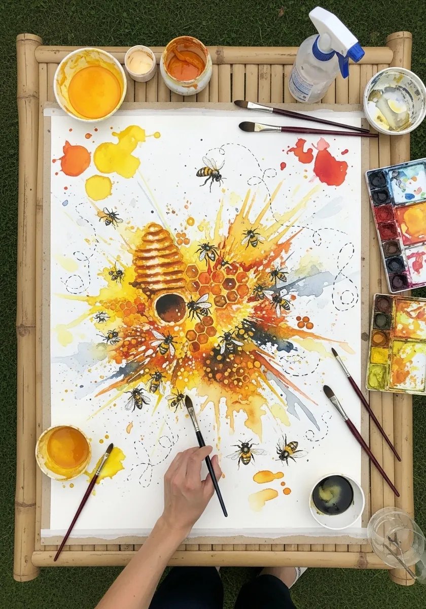 Loose watercolor hive with bees scattered across a bright yellow splash