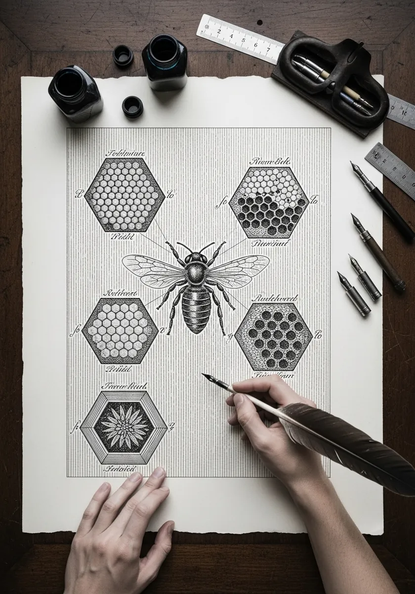 Vintage engraved plate of five labelled honeycomb samples with a central bee