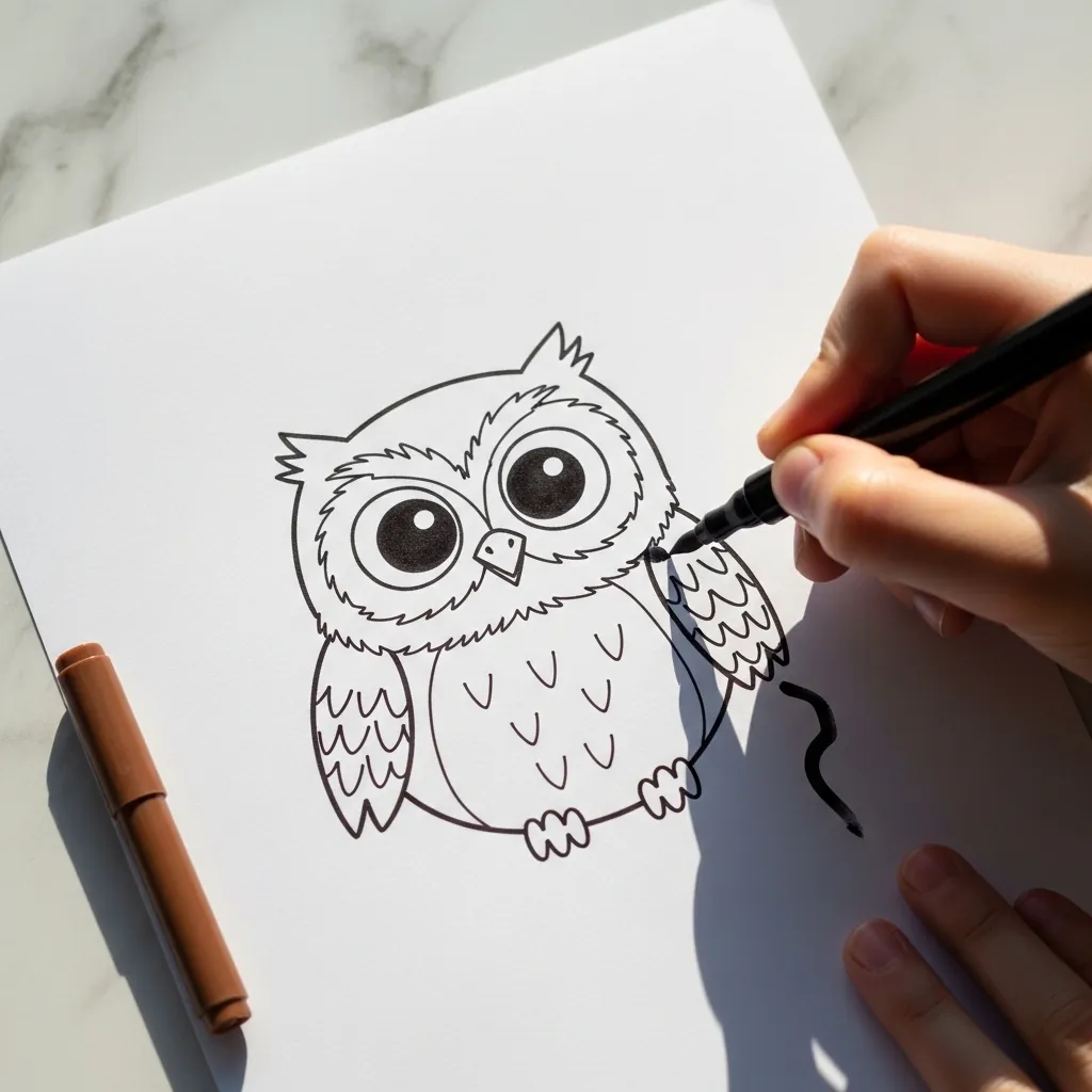 Child drawing a cartoon owl with very large round eyes in black pen