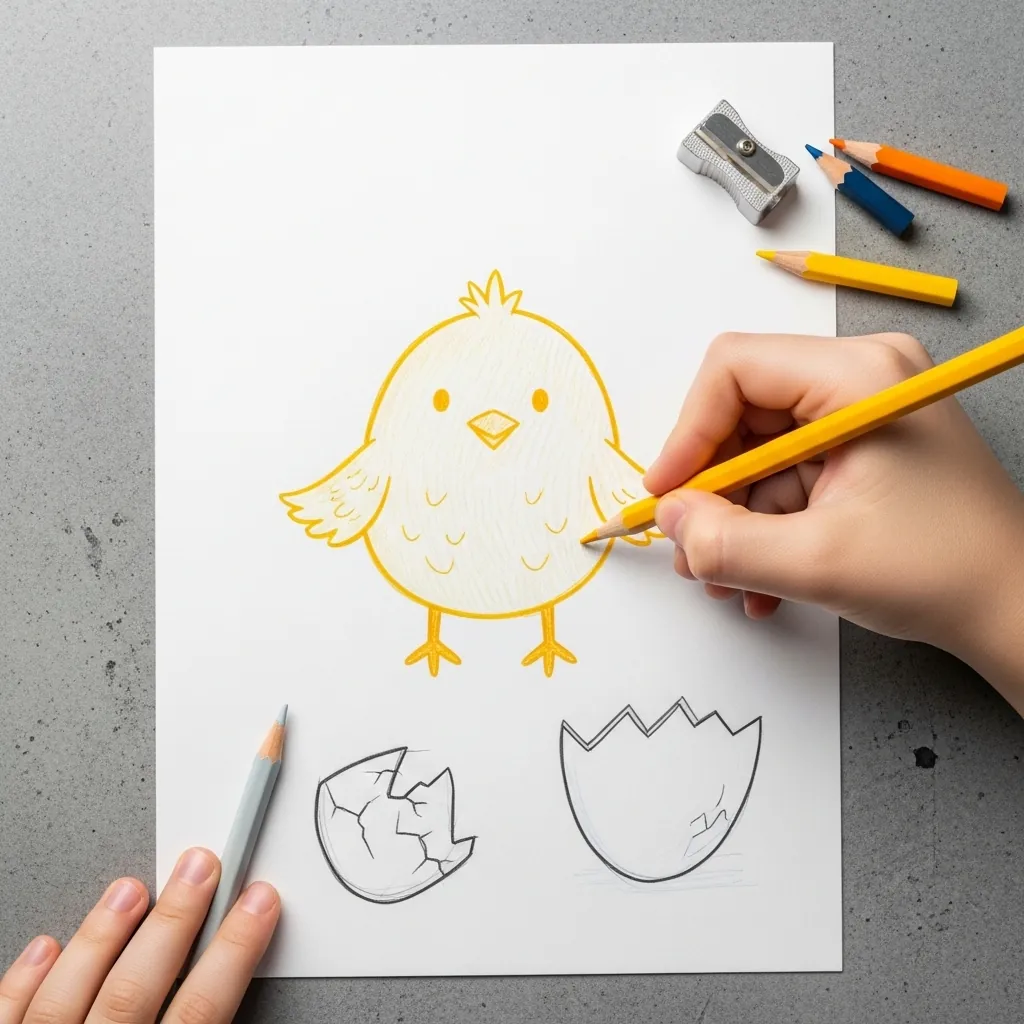Child coloring a yellow chick in pencil next to a drawn cracked eggshell