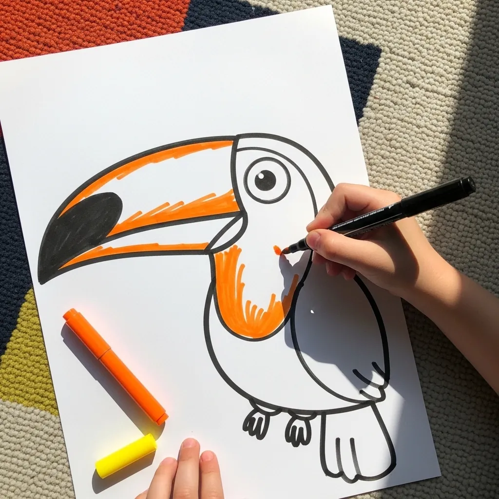 Child outlining a black and white toucan with a large orange beak in marker