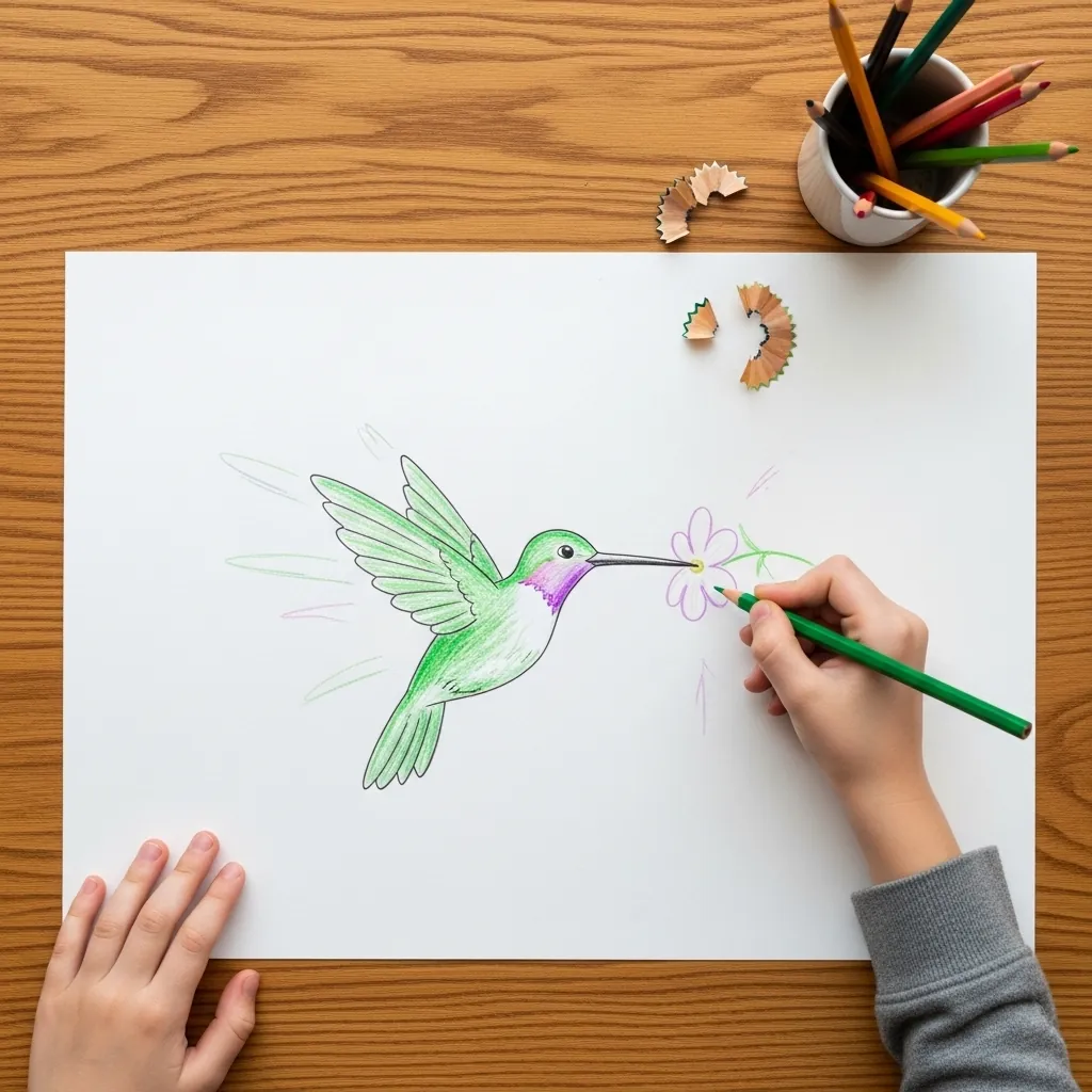 Child drawing a green hummingbird sipping from a small flower with colored pencils