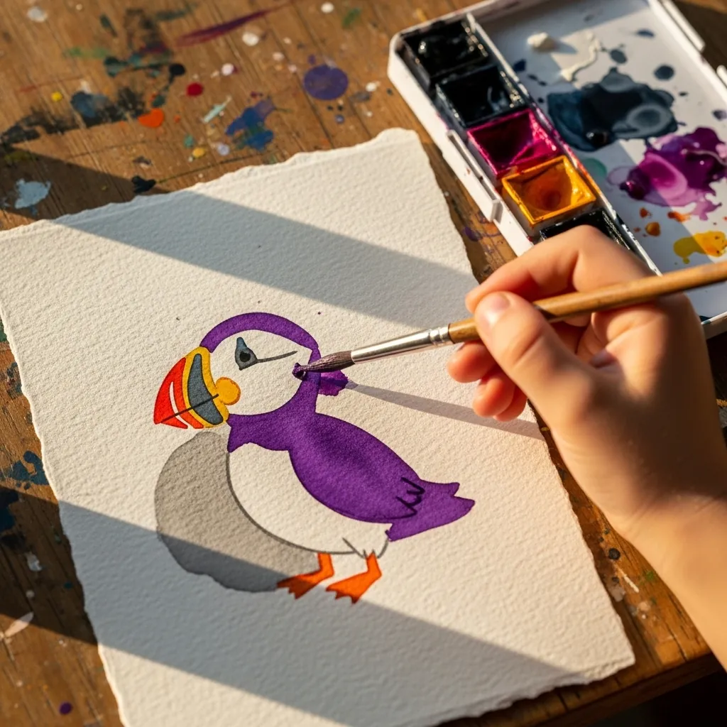 Child painting a purple and white puffin with a striped beak on textured paper