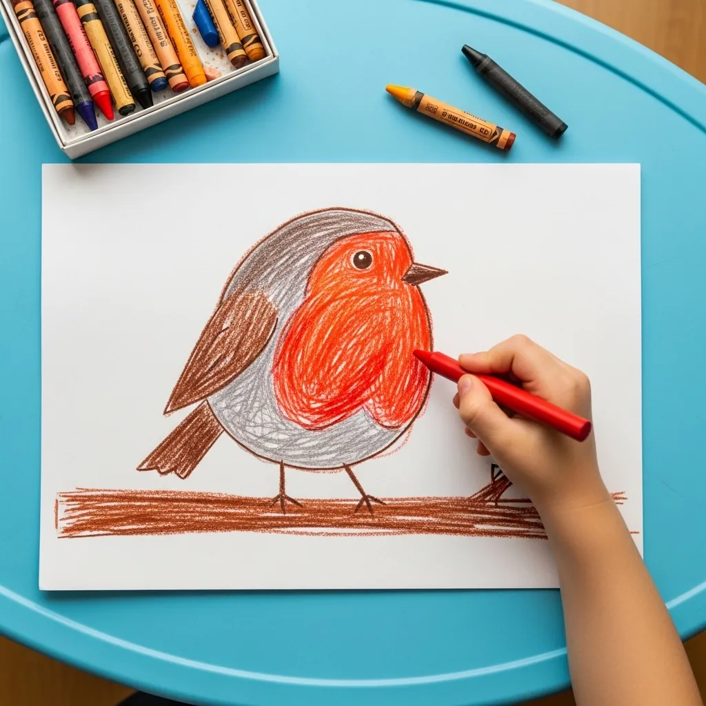 Child coloring a brown robin with a red breast sitting on a branch, in crayon