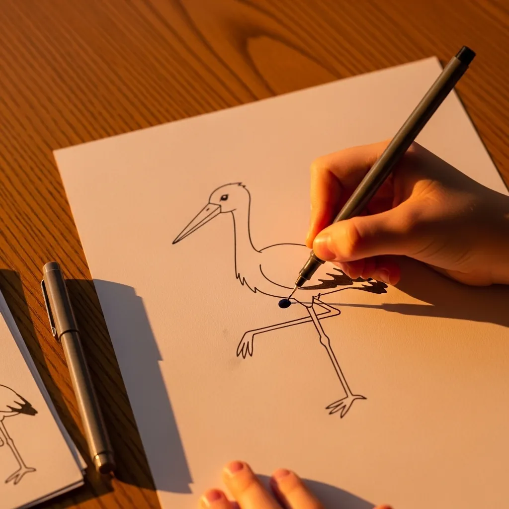 Child drawing a heron in fine black line on warm peach colored paper