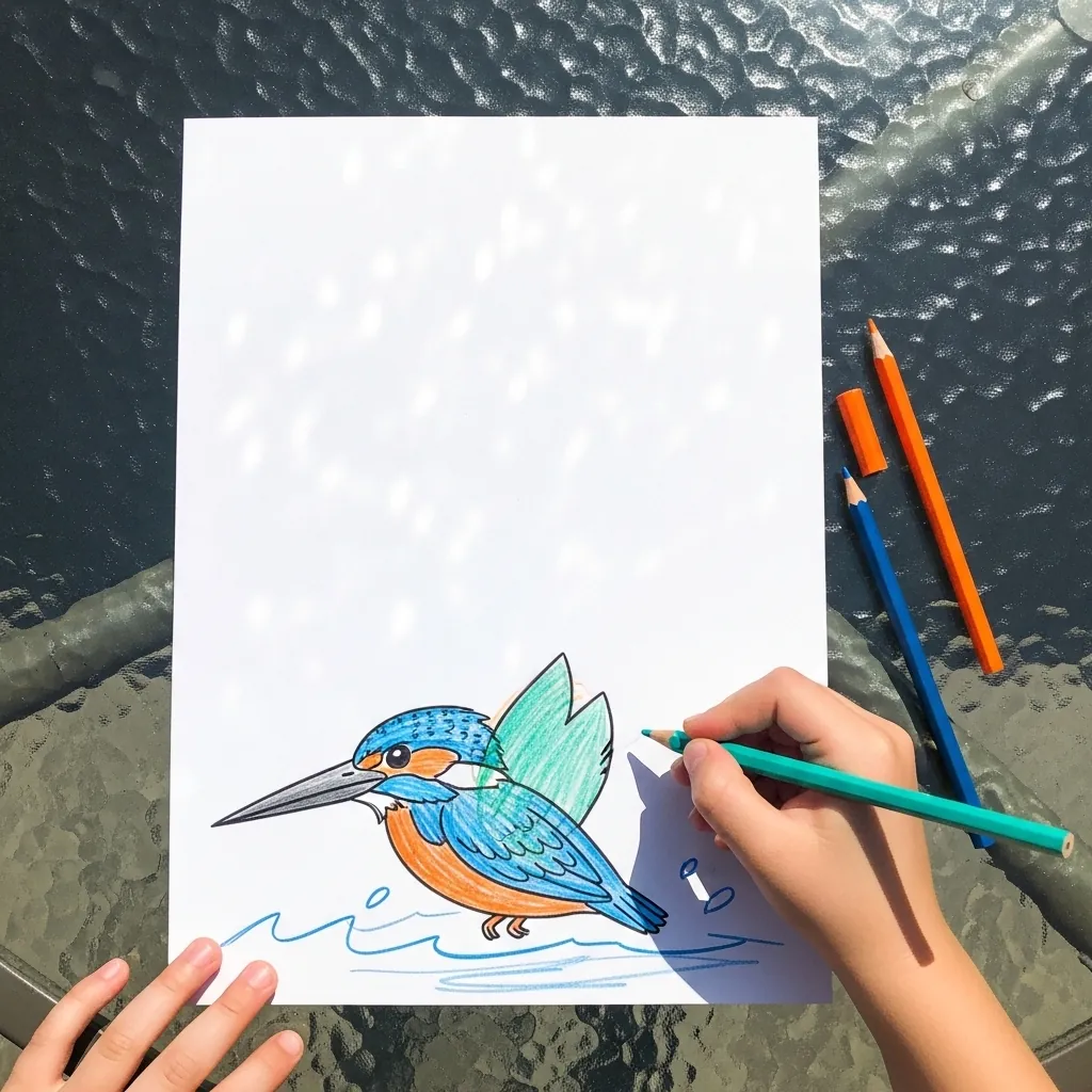 Child coloring a blue and orange kingfisher above wavy water lines