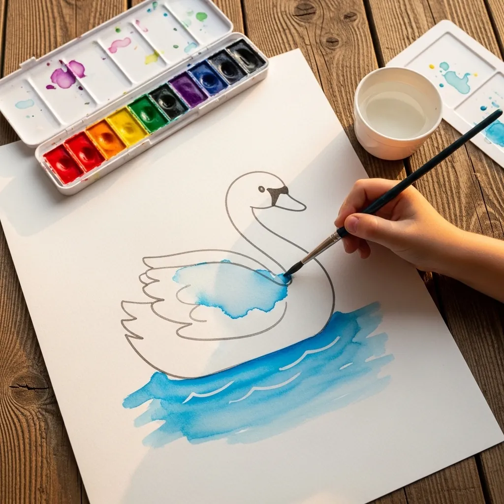 Child painting a white swan with pale blue water beneath it