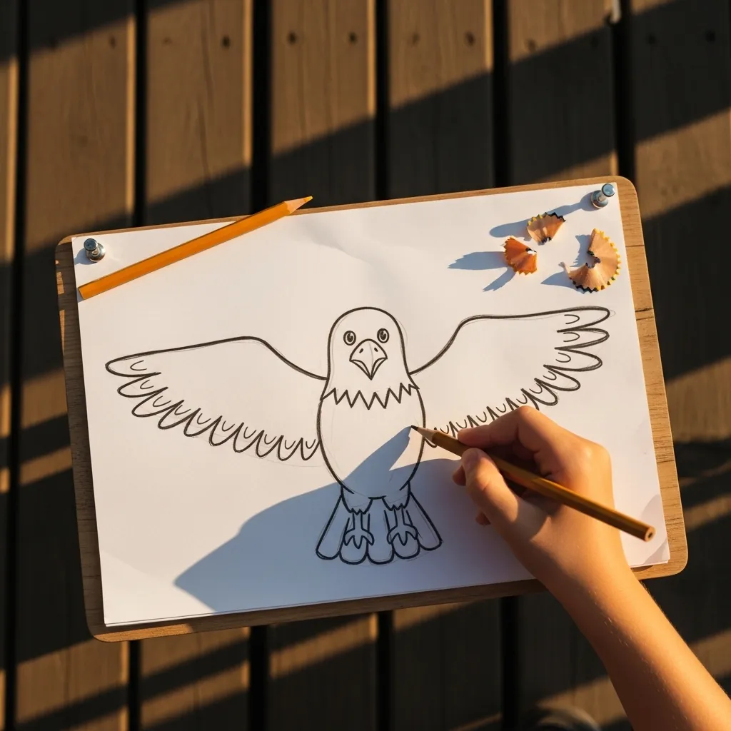 Child drawing an eagle with spread wings in pencil on white paper