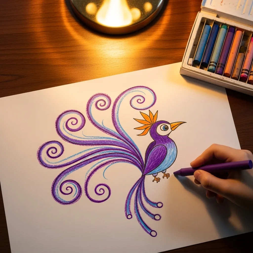 Child drawing an imaginary purple bird with long swirling tail feathers