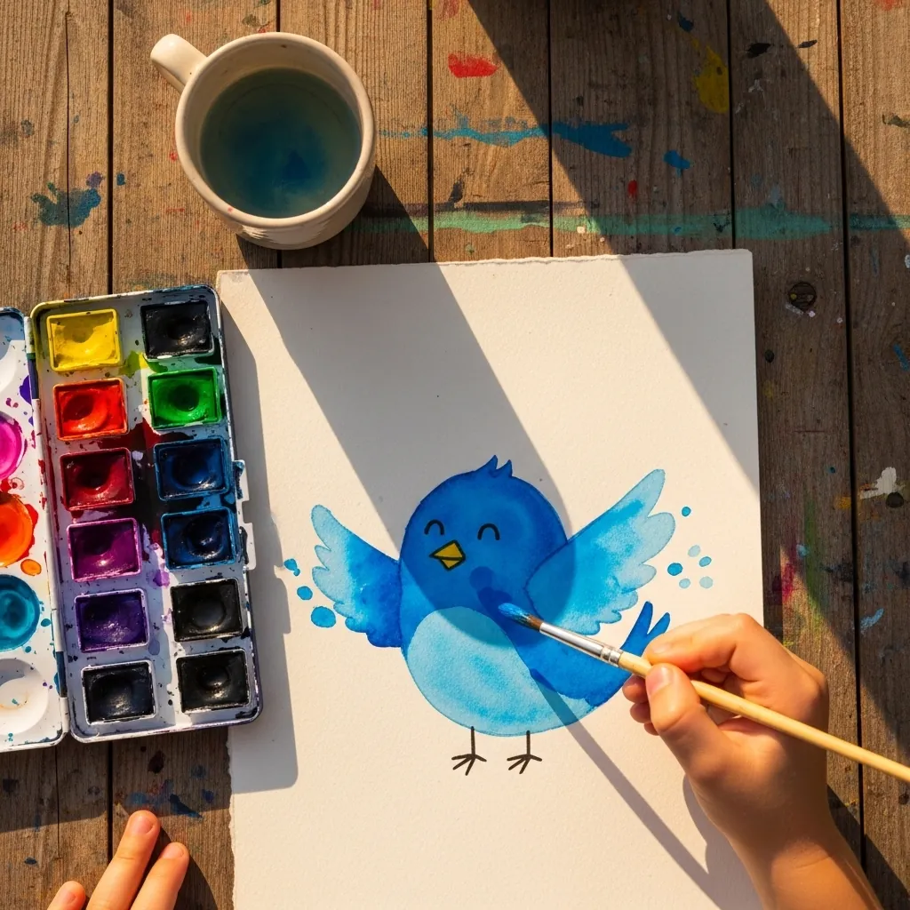 Child painting a small blue cartoon bird with watercolors at a wooden table
