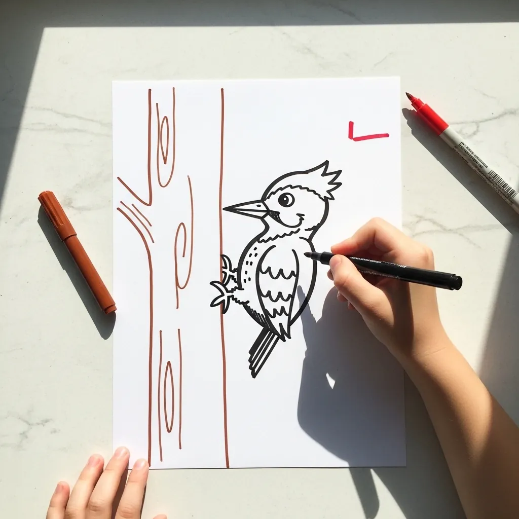 Child drawing a black and white woodpecker clinging to a red tree trunk