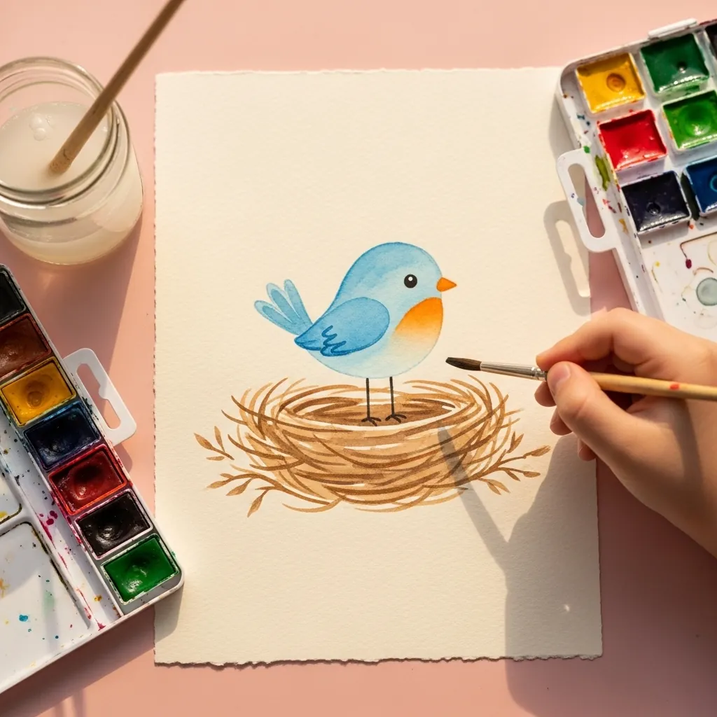 Child painting a small blue bird sitting in a woven brown nest