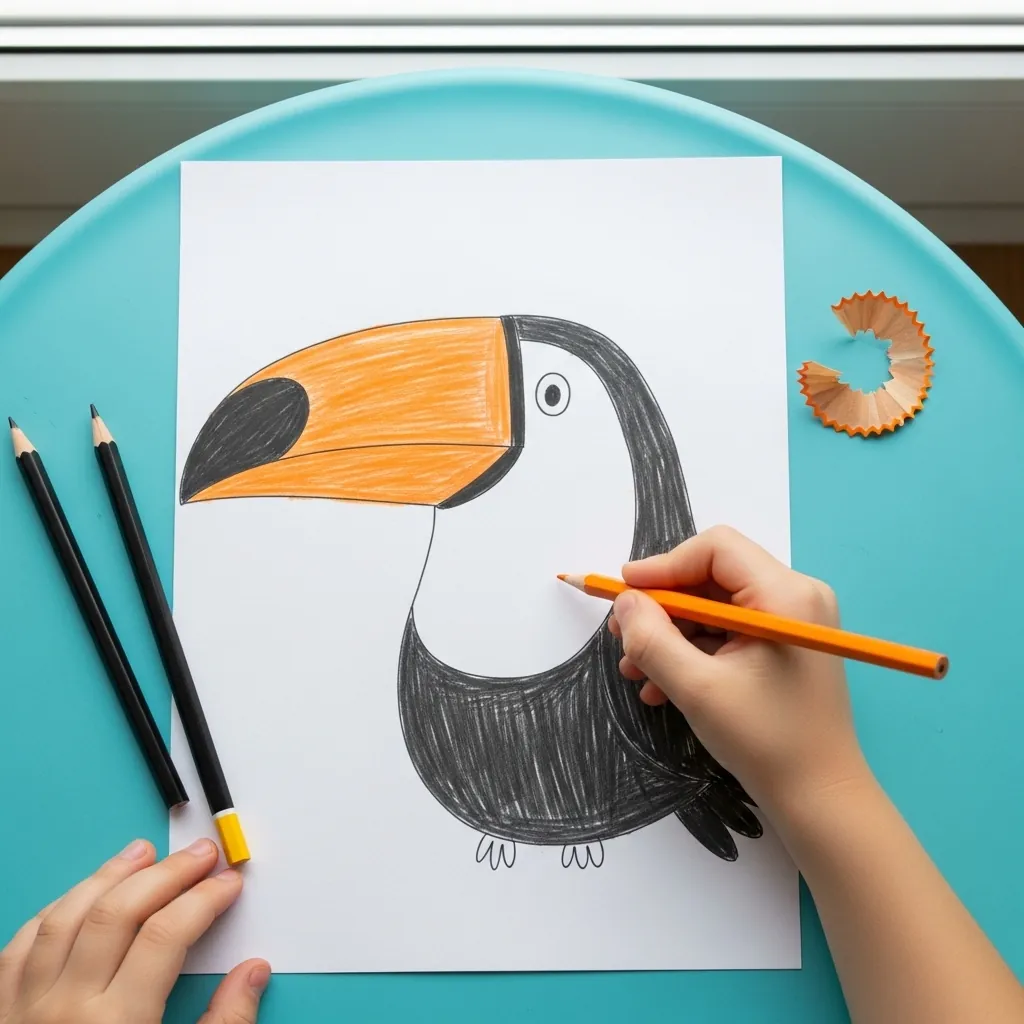 Child coloring a toucan with a big orange beak using colored pencils